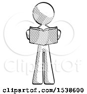 Halftone Design Mascot Woman Reading Book While Standing Up Facing Viewer