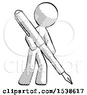 Poster, Art Print Of Halftone Design Mascot Man Drawing Or Writing With Large Calligraphy Pen