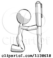 Halftone Design Mascot Woman Posing With Giant Pen In Powerful Yet Awkward Manner Because Funny