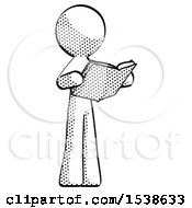 Halftone Design Mascot Man Reading Book While Standing Up Facing Away