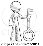Halftone Design Mascot Woman Holding Key Made Of Gold