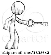 Halftone Design Mascot Woman With Big Key Of Gold Opening Something