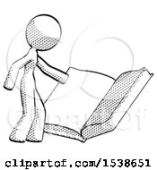 Halftone Design Mascot Woman Reading Big Book While Standing Beside It