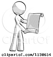 Poster, Art Print Of Halftone Design Mascot Woman Holding Blueprints Or Scroll