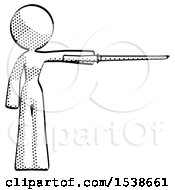 Halftone Design Mascot Woman Standing With Ninja Sword Katana Pointing Right