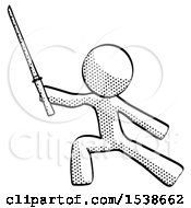 Poster, Art Print Of Halftone Design Mascot Man With Ninja Sword Katana In Defense Pose