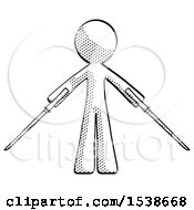 Halftone Design Mascot Man Posing With Two Ninja Sword Katanas