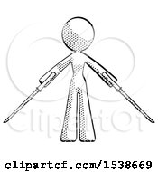 Halftone Design Mascot Woman Posing With Two Ninja Sword Katanas