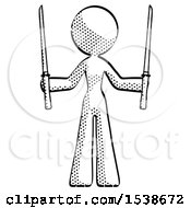 Halftone Design Mascot Woman Posing With Two Ninja Sword Katanas Up