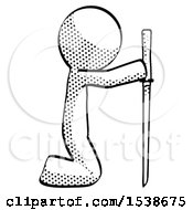 Poster, Art Print Of Halftone Design Mascot Man Kneeling With Ninja Sword Katana Showing Respect