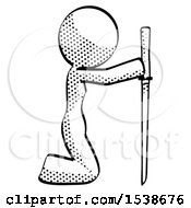 Poster, Art Print Of Halftone Design Mascot Woman Kneeling With Ninja Sword Katana Showing Respect