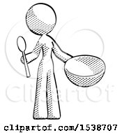 Halftone Design Mascot Woman With Empty Bowl And Spoon Ready To Make Something