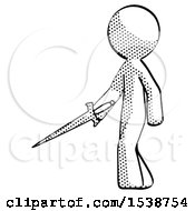 Halftone Design Mascot Man With Sword Walking Confidently