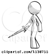 Poster, Art Print Of Halftone Design Mascot Woman With Sword Walking Confidently