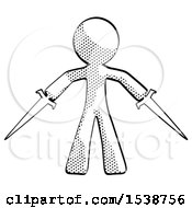 Poster, Art Print Of Halftone Design Mascot Man Two Sword Defense Pose