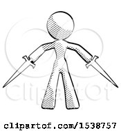 Halftone Design Mascot Woman Two Sword Defense Pose