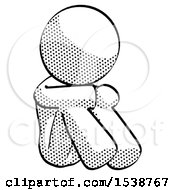 Halftone Design Mascot Woman Sitting With Head Down Facing Angle Right