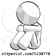 Halftone Design Mascot Woman Sitting With Head Down Facing Angle Left