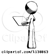 Poster, Art Print Of Ink Design Mascot Woman Looking At Tablet Device Computer With Back To Viewer