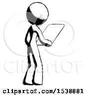 Poster, Art Print Of Ink Design Mascot Woman Looking At Tablet Device Computer Facing Away