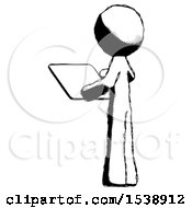 Poster, Art Print Of Ink Design Mascot Man Looking At Tablet Device Computer With Back To Viewer