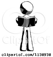 Ink Design Mascot Woman Reading Book While Standing Up Facing Viewer