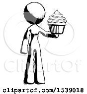 Ink Design Mascot Woman Presenting Pink Cupcake To Viewer