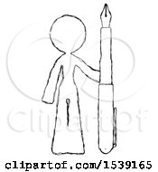 Poster, Art Print Of Sketch Design Mascot Woman Holding Giant Calligraphy Pen