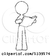 Sketch Design Mascot Woman Reading Book While Standing Up Facing Away