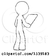 Sketch Design Mascot Man Looking At Tablet Device Computer Facing Away