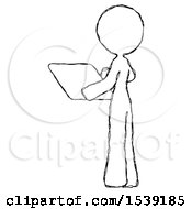 Poster, Art Print Of Sketch Design Mascot Woman Looking At Tablet Device Computer With Back To Viewer