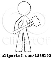 Sketch Design Mascot Woman With Sledgehammer Standing Ready To Work Or Defend