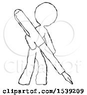 Sketch Design Mascot Woman Drawing Or Writing With Large Calligraphy Pen