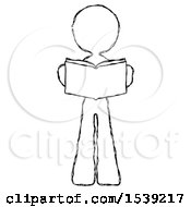 Sketch Design Mascot Woman Reading Book While Standing Up Facing Viewer