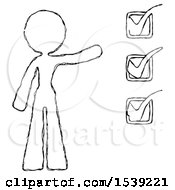 Sketch Design Mascot Woman Standing By A Checkmark List Arm Extended
