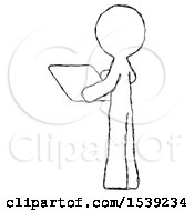 Poster, Art Print Of Sketch Design Mascot Man Looking At Tablet Device Computer With Back To Viewer