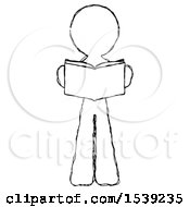 Sketch Design Mascot Man Reading Book While Standing Up Facing Viewer