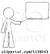 Sketch Design Mascot Woman Pointing At Dry-Erase Board With Stick Giving Presentation
