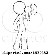 Sketch Design Mascot Woman Shouting Into Megaphone Bullhorn Facing Right