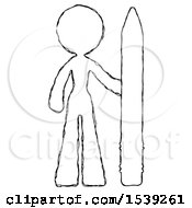 Sketch Design Mascot Woman With Large Pencil Standing Ready To Write