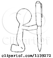 Sketch Design Mascot Man Posing With Giant Pen In Powerful Yet Awkward Manner