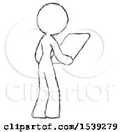 Poster, Art Print Of Sketch Design Mascot Woman Looking At Tablet Device Computer Facing Away