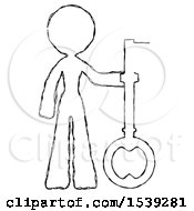 Sketch Design Mascot Woman Holding Key Made Of Gold