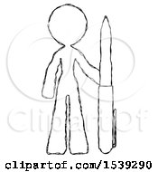 Sketch Design Mascot Woman Holding Large Pen