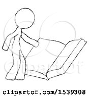 Sketch Design Mascot Woman Reading Big Book While Standing Beside It