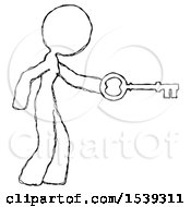 Poster, Art Print Of Sketch Design Mascot Woman With Big Key Of Gold Opening Something
