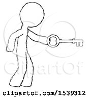 Poster, Art Print Of Sketch Design Mascot Man With Big Key Of Gold Opening Something