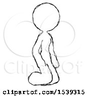 Sketch Design Mascot Woman Kneeling Angle View Right