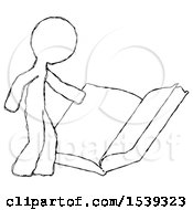 Poster, Art Print Of Sketch Design Mascot Man Reading Big Book While Standing Beside It