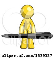 Poster, Art Print Of Yellow Design Mascot Man Weightlifting A Giant Pen